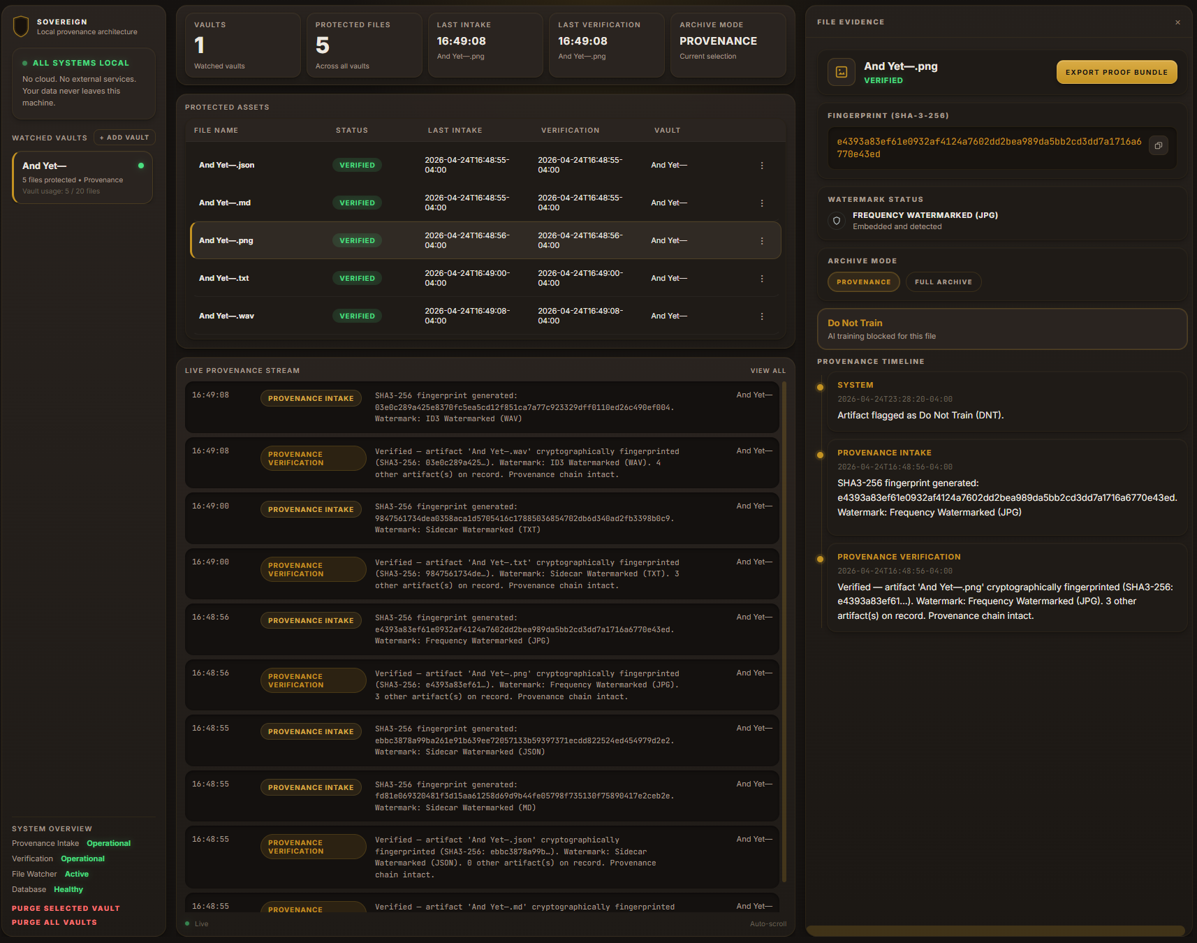 Sovereign application dashboard showing provenance engine, file protection table, live provenance stream, and file evidence panel